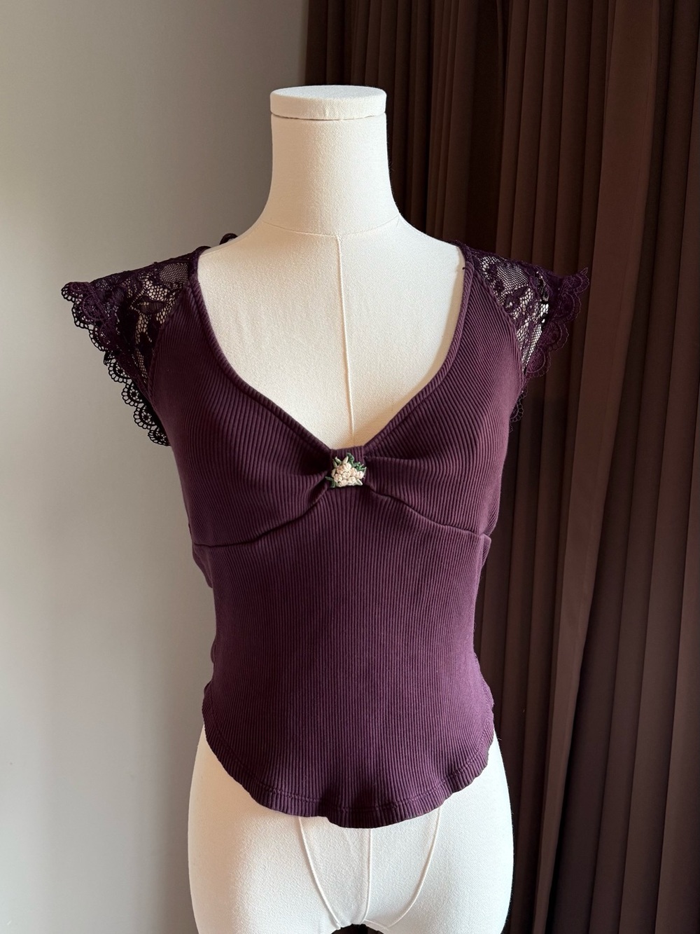 Free People Ribbed Lace Cap Sleeve Tank - Deep Plum